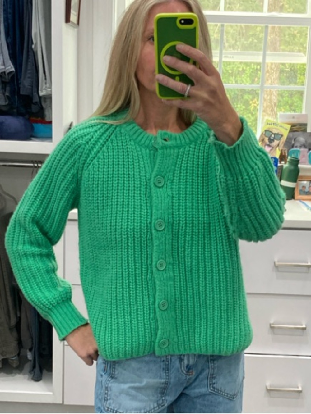 Amazon Bright Green Ribbed Button-Up Women’s Cardigan